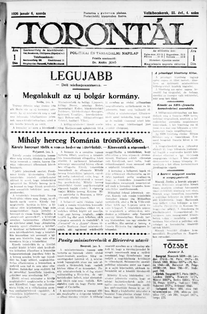Torontál, 55. évf. 1926. január 6. 4. sz.