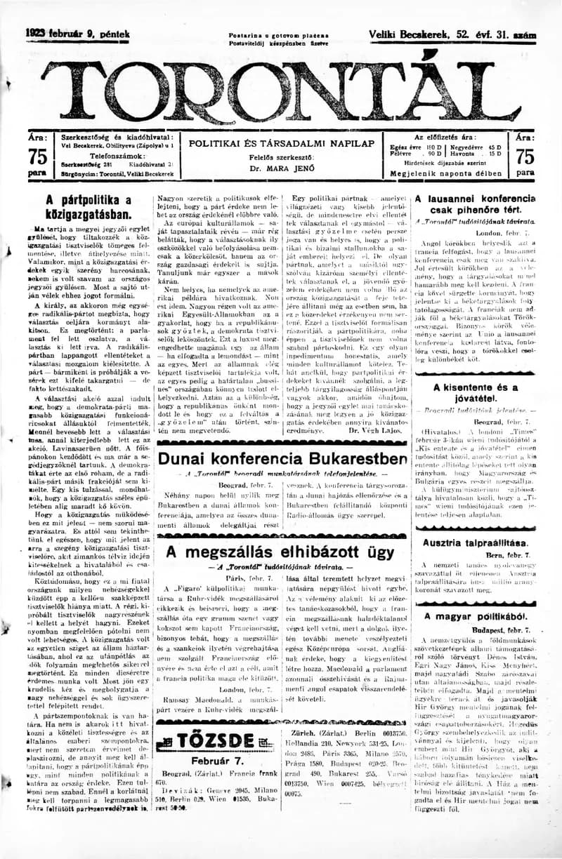 Torontál, 52. évf. 1923. február 9. 31. sz.