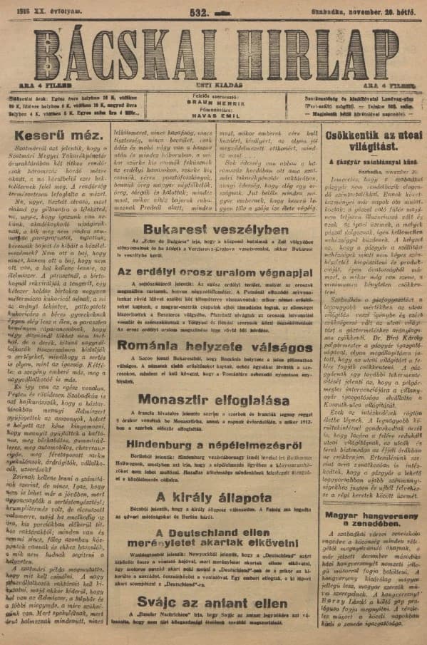 Bácskai Hirlap, 20. évf. 1916. november 20. 532. sz.