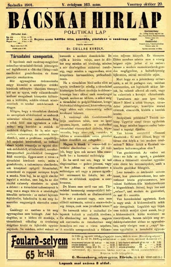 Bácskai Hirlap, 5. évf. 1901. október 20. 163. sz.