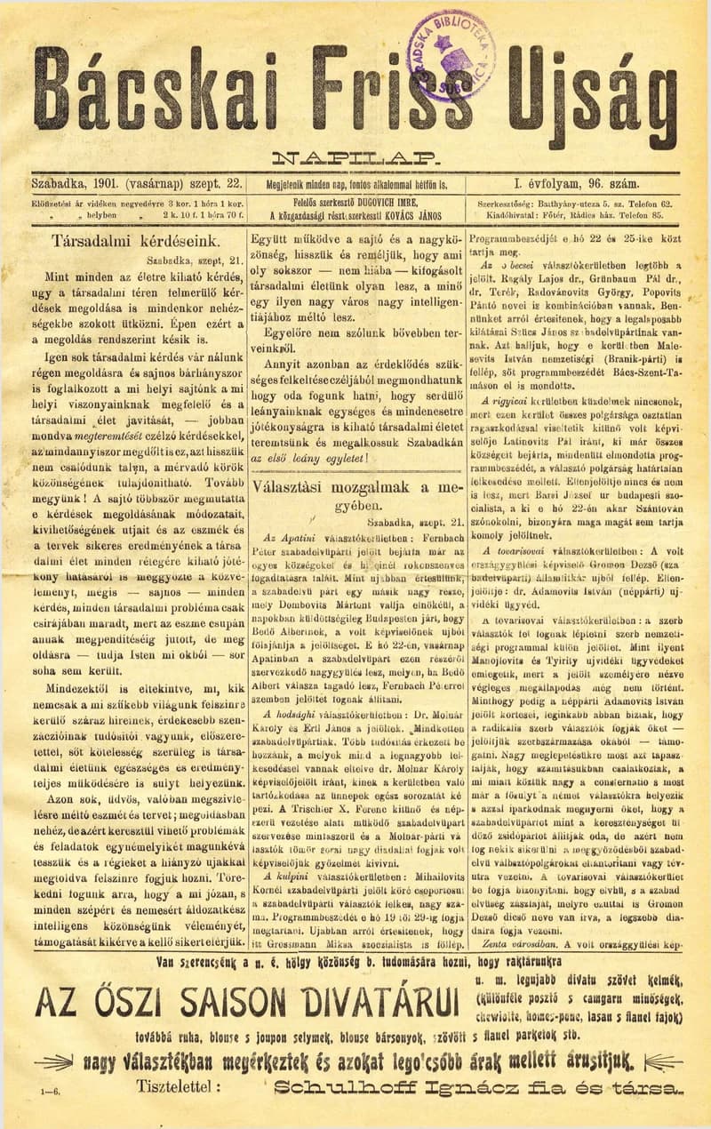 Bácskai Friss Ujság, 1. évf. 1901. szeptember 22. 96. sz.