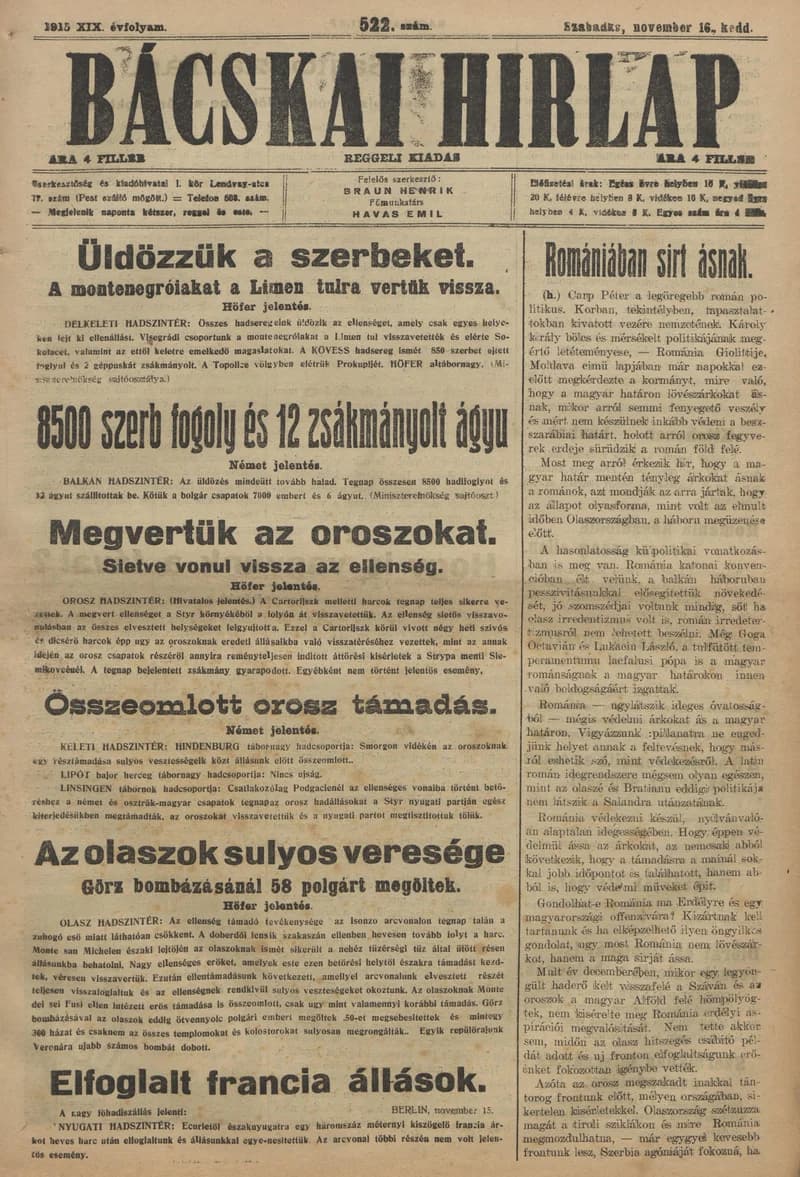 Bácskai Hirlap, 19. évf. 1915. november 16. 522. sz.