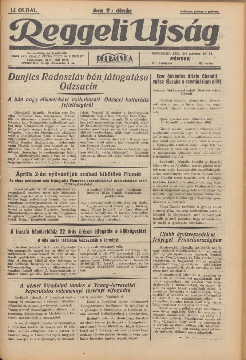 Reggeli Újság, 11. évf. 1930. március 14. 62. sz.