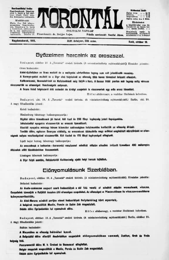 Torontál, 44. évf. 1915. október 19. 239. sz.