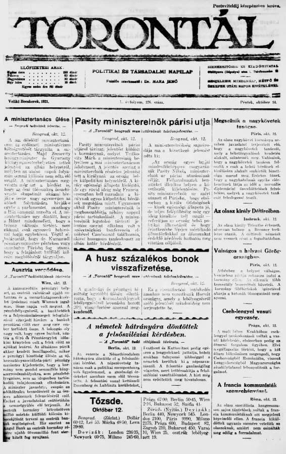 Torontál, 50. évf. 1921. október 14. 226. sz.
