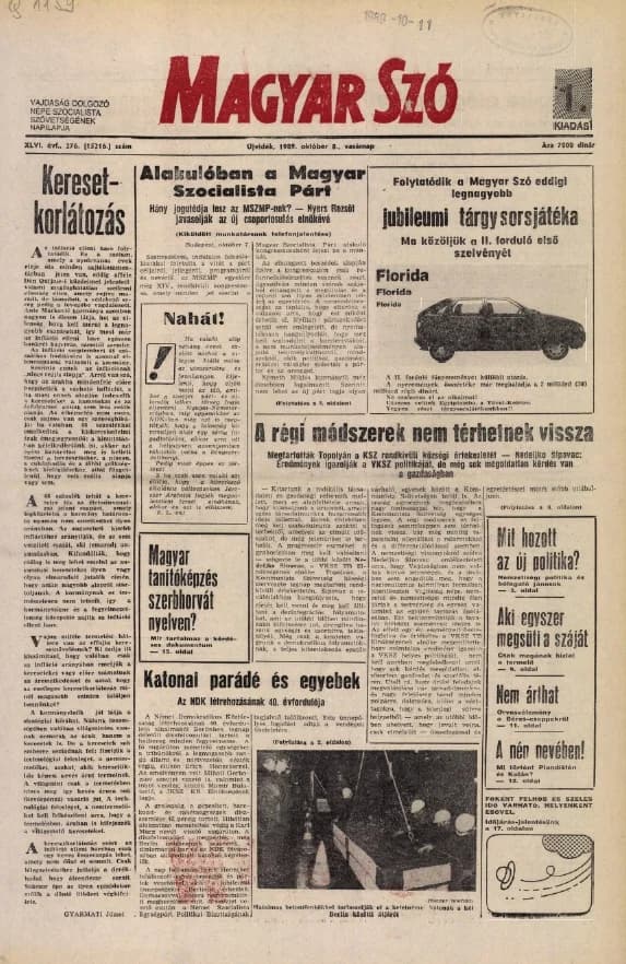 Magyar Szó, 46. évf. 1989. október 8. 276. sz. 1–32. oldal