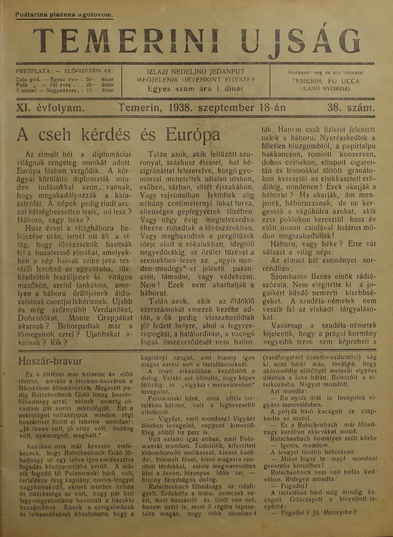 Temerini Újság 1928-1944, 11. évf. 1938. szeptember 18. 38. sz.