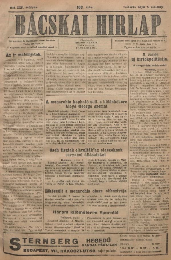 Bácskai Hirlap, 22. évf. 1918. május 5. 103. sz.