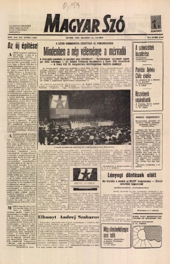 Magyar Szó, 46. évf. 1989. december 16. 343. sz. 1–28. oldal