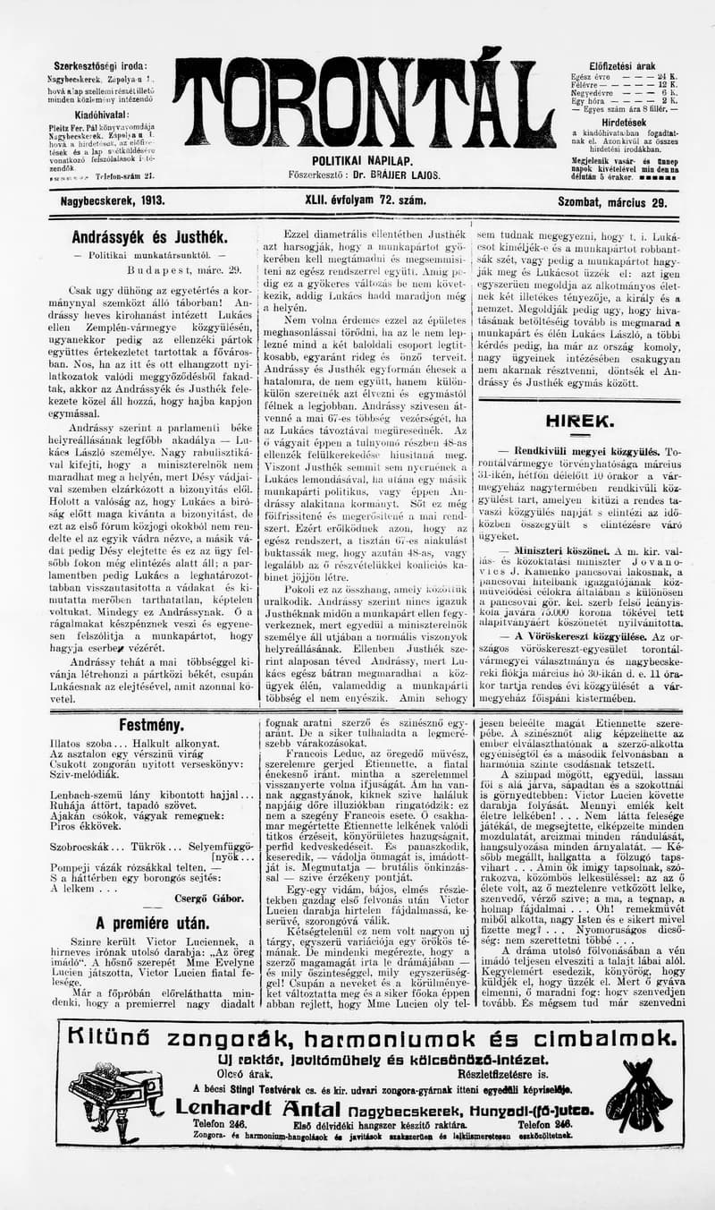 Torontál, 42. évf. 1913. március 29. 72. sz.