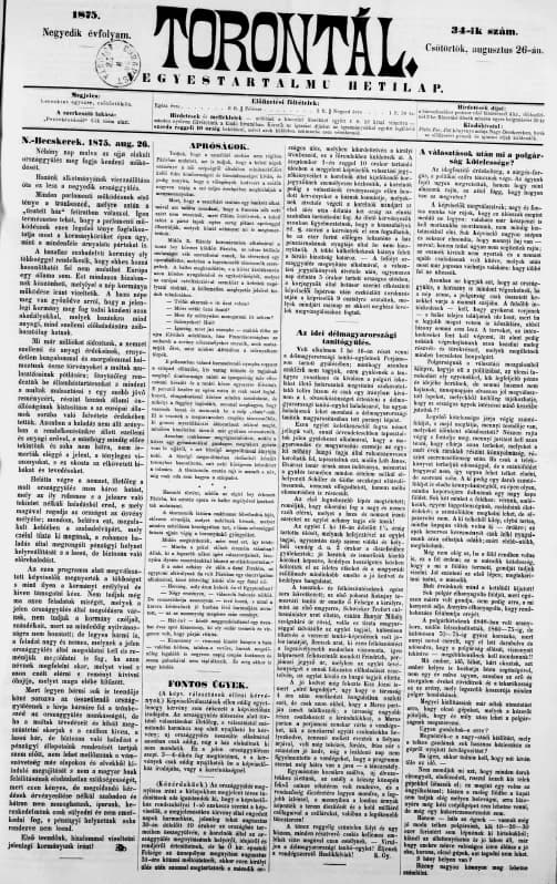 Torontál, 4. évf. 1875. augusztus 26. 34. sz.