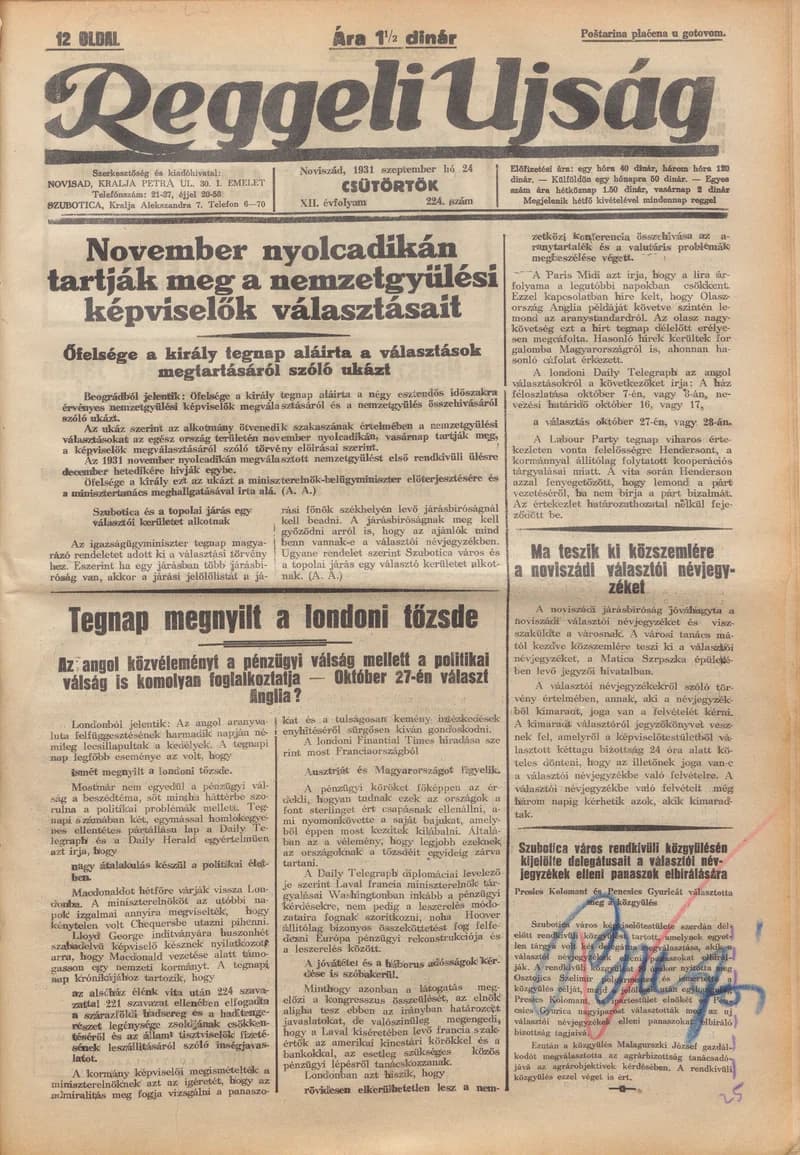 Reggeli Újság, 12. évf. 1931. szeptember 24. 224. sz.