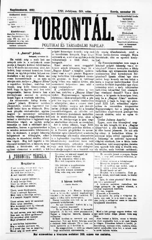 Torontál, 21. évf. 1892. november 23. 249. sz.