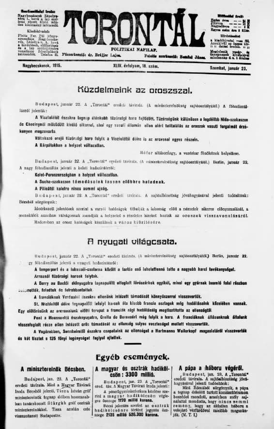 Torontál, 44. évf. 1915. január 23. 18. sz.