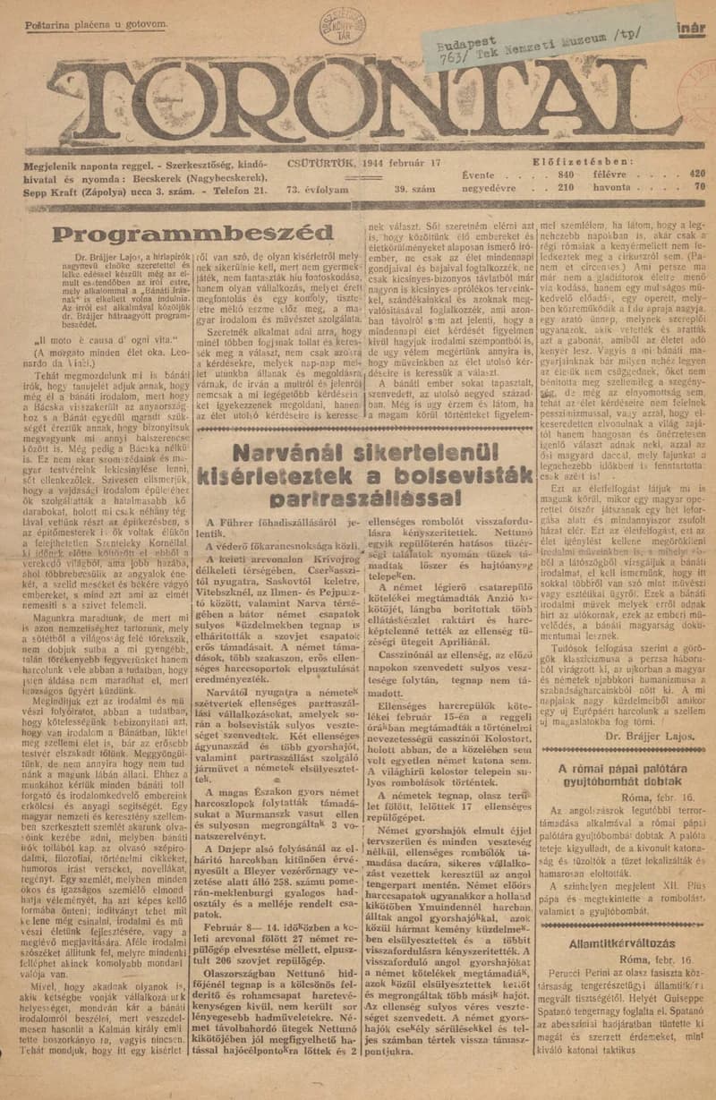 Torontál, 73. évf. 1944. február 17. 39. sz.