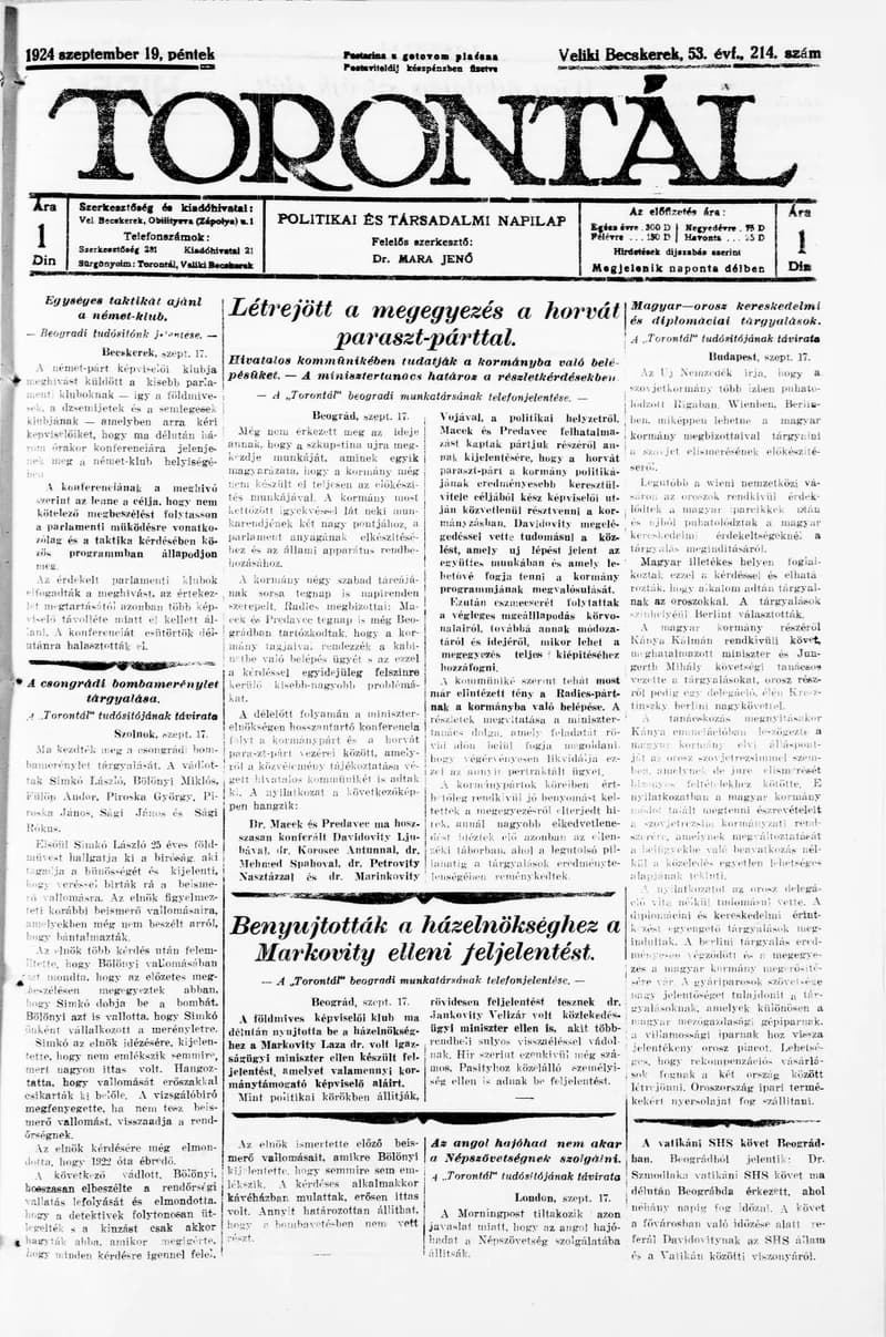 Torontál, 53. évf. 1924. szeptember 19. 214. sz.