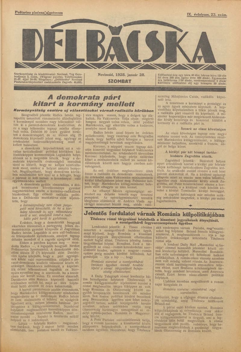 Délbácska, 9. évf. 1928. január 28. 23. sz.