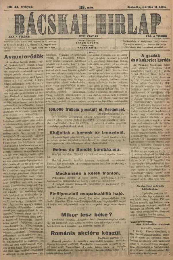 Bácskai Hirlap, 20. évf. 1916. március 13. 118. sz.