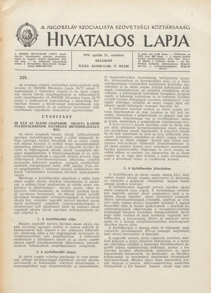 A Jugoszláv Szocialista Szövetségi Köztársaság Hivatalos Lapja, 35. évf. 1979. április 21. 17. sz. 577–620. oldal