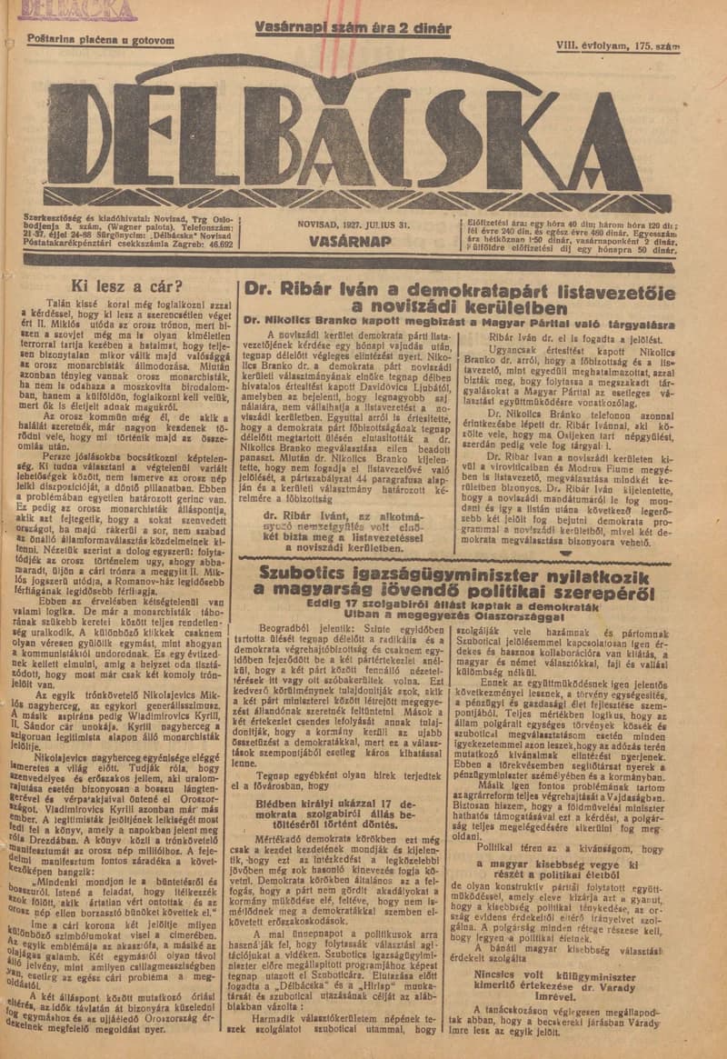 Délbácska, 8. évf. 1927. július 31. 175. sz.