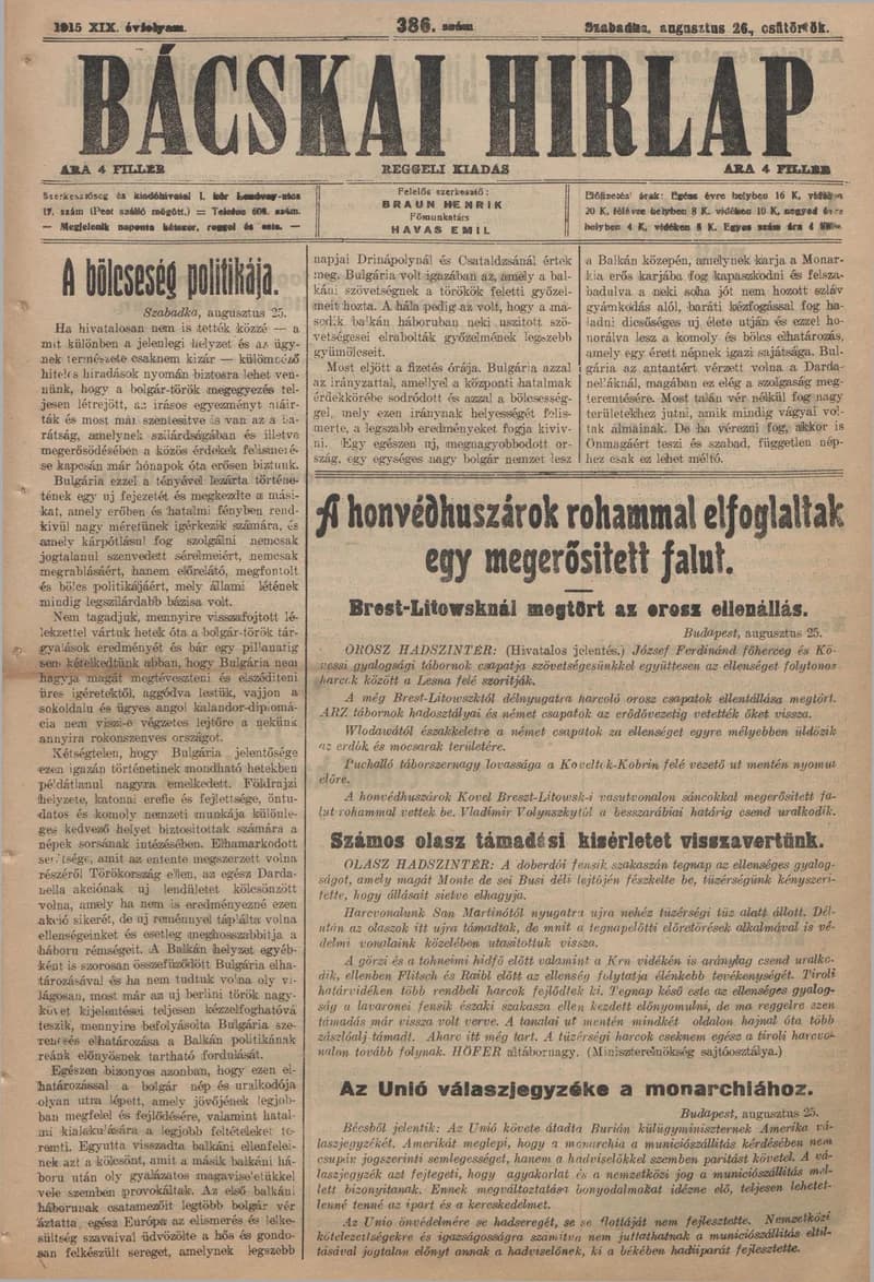 Bácskai Hirlap, 19. évf. 1915. augusztus 26. 386. sz.