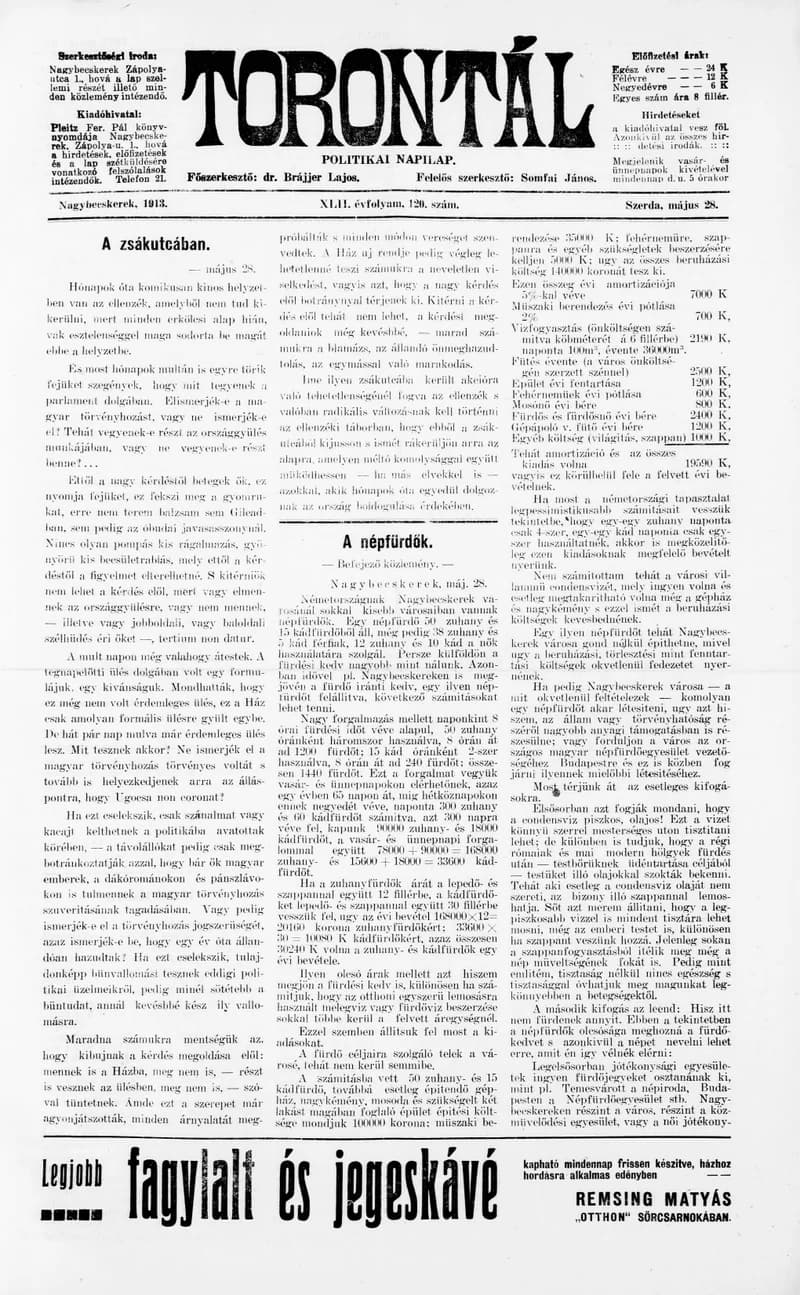 Torontál, 42. évf. 1913. május 28. 120. sz.