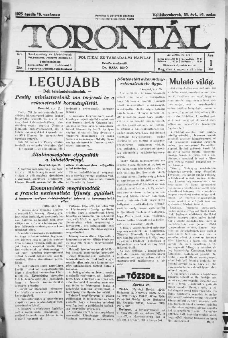 Torontál, 54. évf. 1925. április 26. 94. sz.