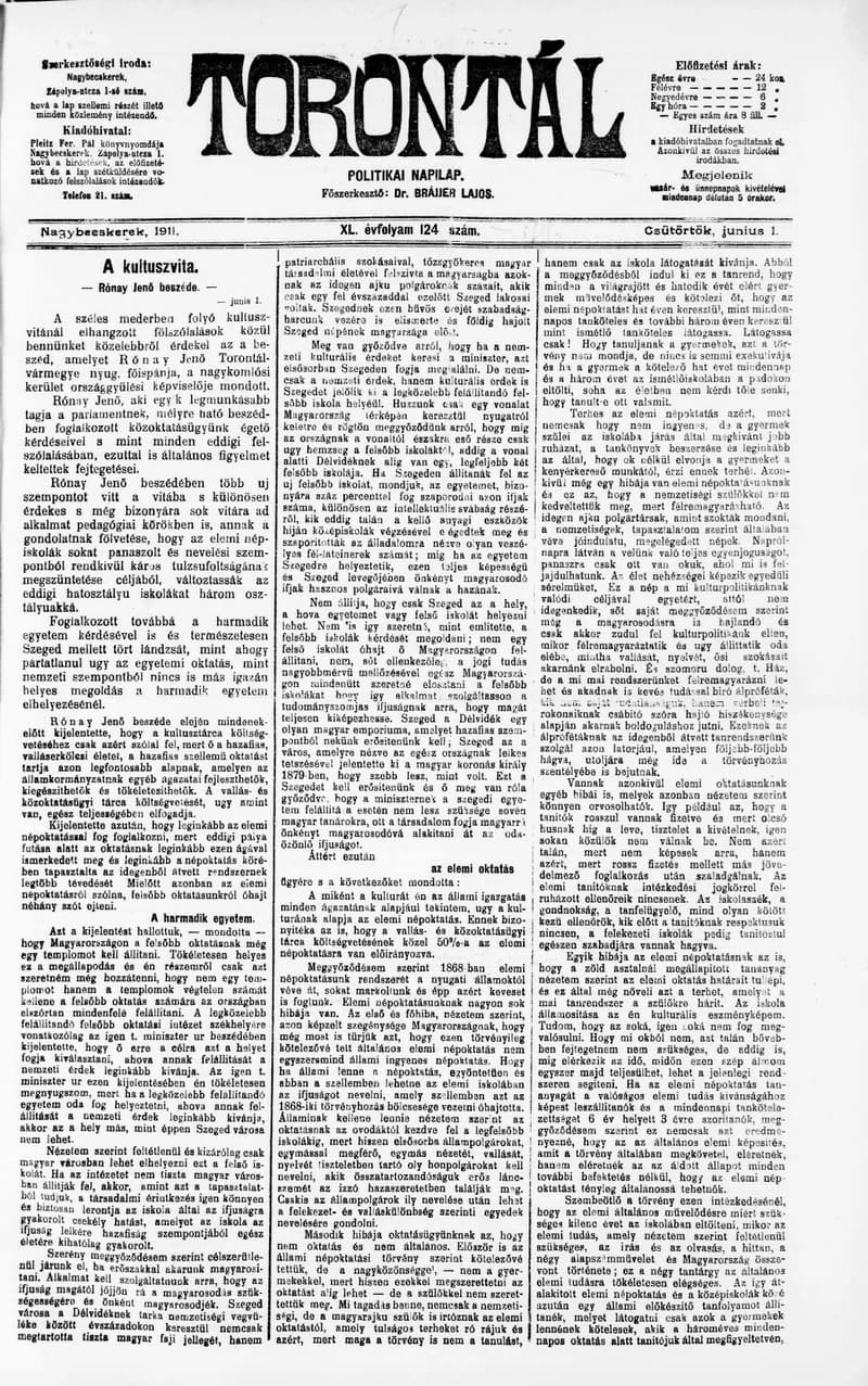 Torontál, 40. évf. 1911. június 1. 124. sz.
