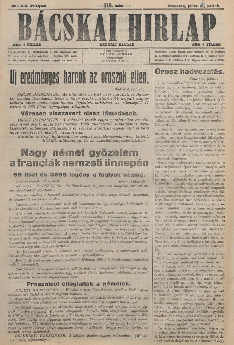 Bácskai Hirlap, 19. évf. 1915. július 16. 318. sz.