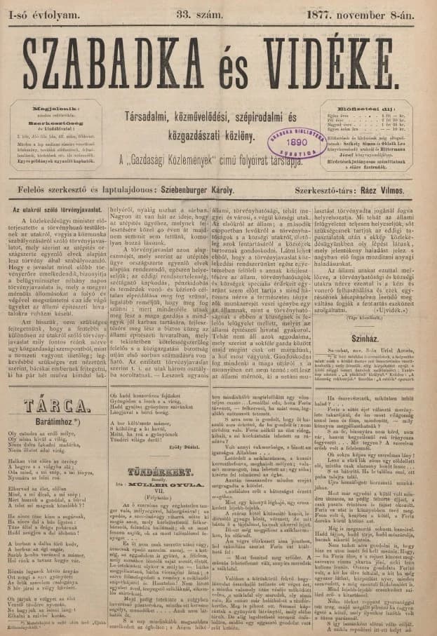 Szabadka és vidéke, 1. évf. 1877. november 8. 33. sz.