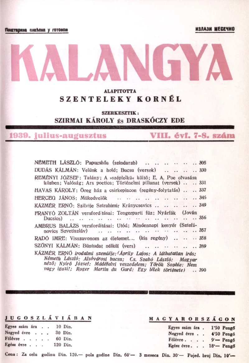 Kalangya, 8. évf. 1939. július – augusztus. 7–8. sz. 305–400. oldal