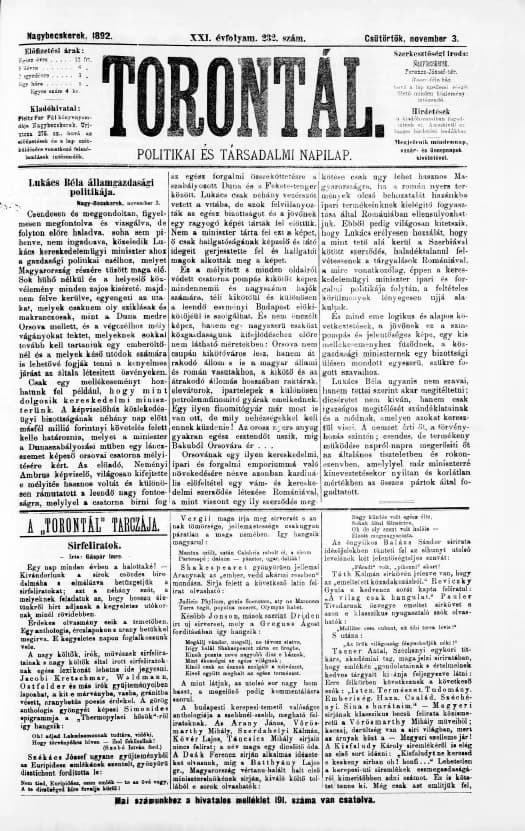 Torontál, 21. évf. 1892. november 3. 232. sz.