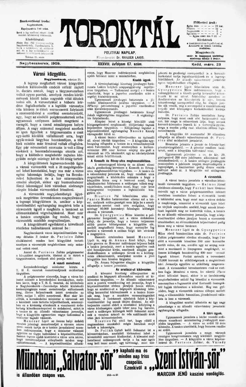 Torontál, 38. évf. 1909. március 23. 67. sz.