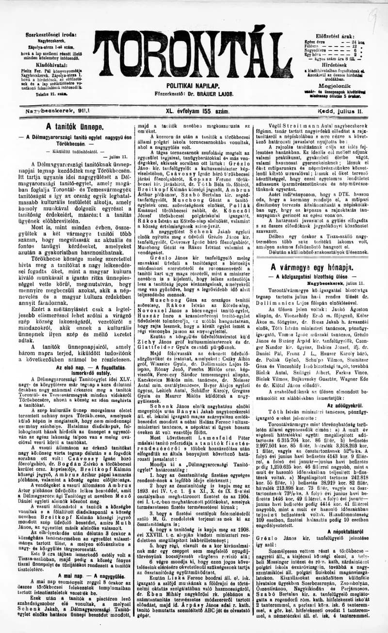 Torontál, 40. évf. 1911. július 11. 155. sz.