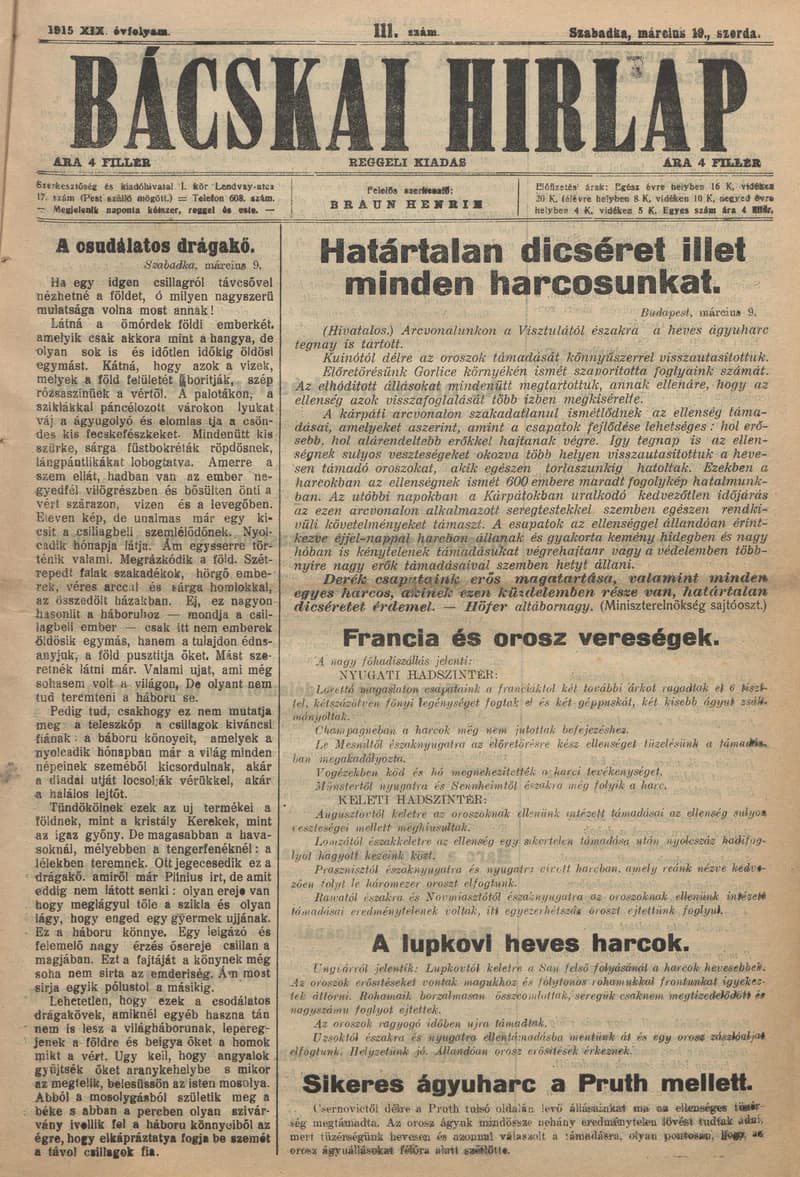 Bácskai Hirlap, 19. évf. 1915. március 10. 111. sz.