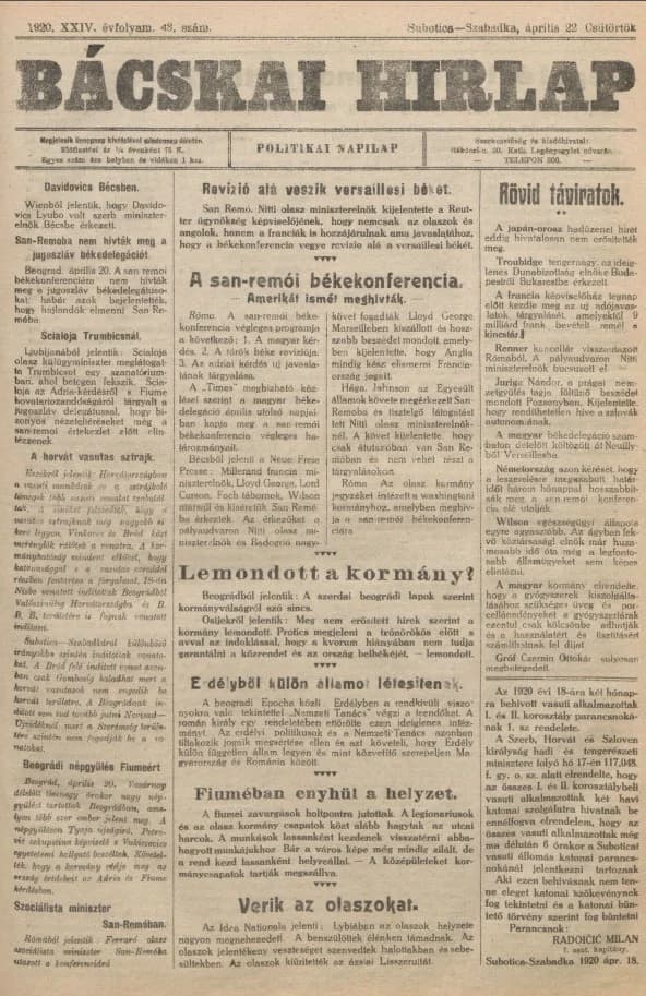 Bácskai Hirlap, 24. évf. 1920. április 22. 43. sz.