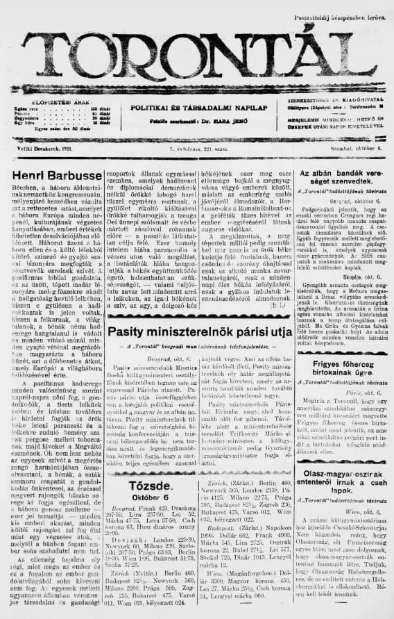 Torontál, 50. évf. 1921. október 8. 221. sz.