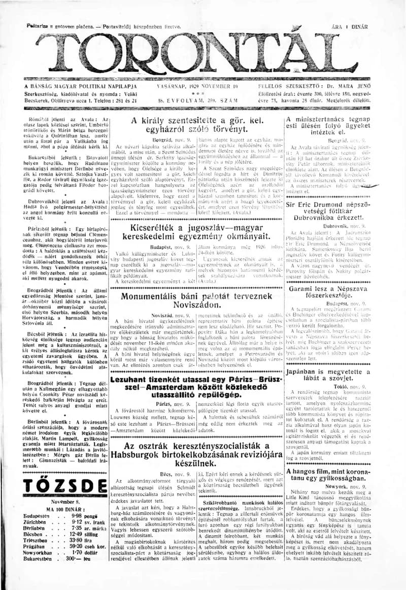 Torontál, 58. évf. 1929. november 10. 259. sz.