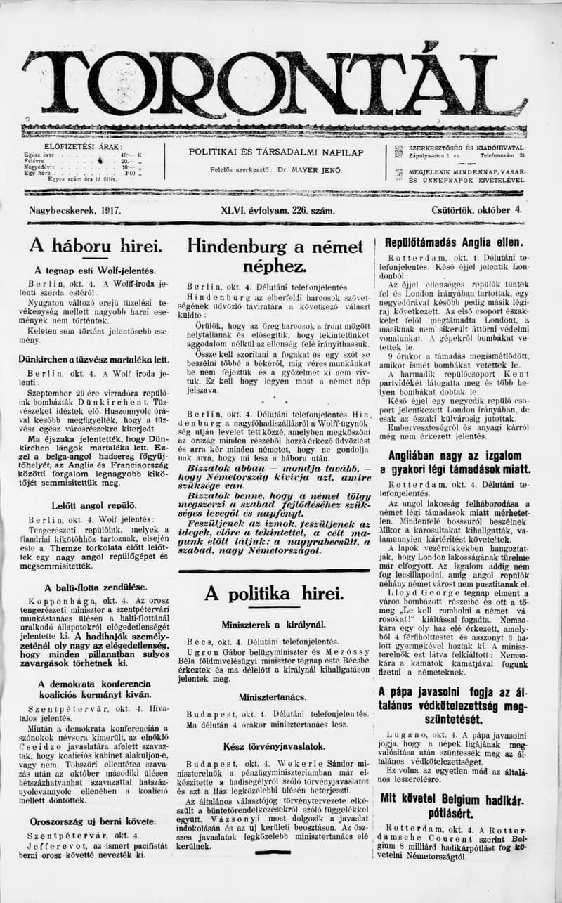 Torontál, 46. évf. 1917. október 4. 226. sz.