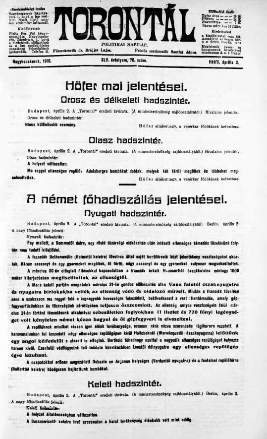 Torontál, 45. évf. 1916. április 3. 76. sz.