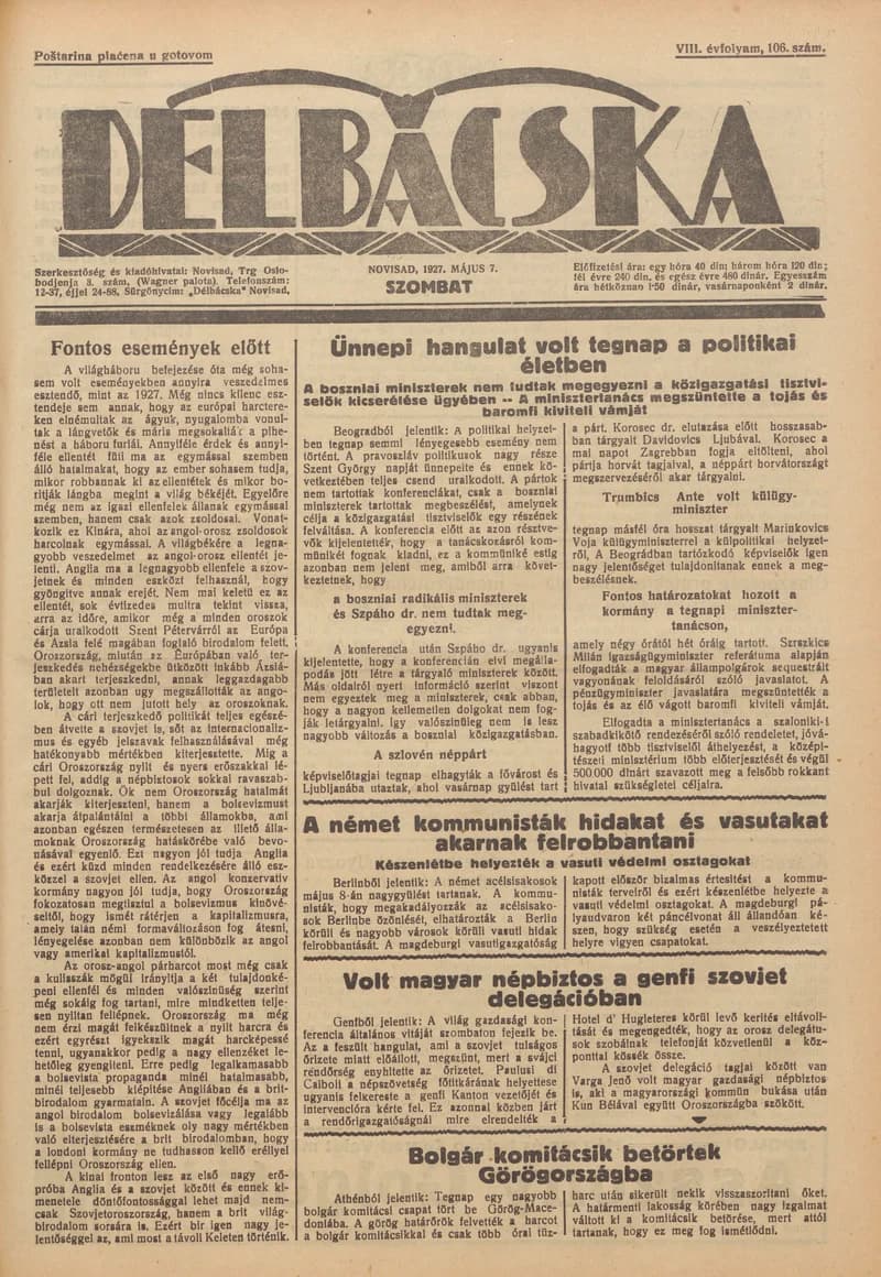 Délbácska, 8. évf. 1927. május 7. 106. sz.