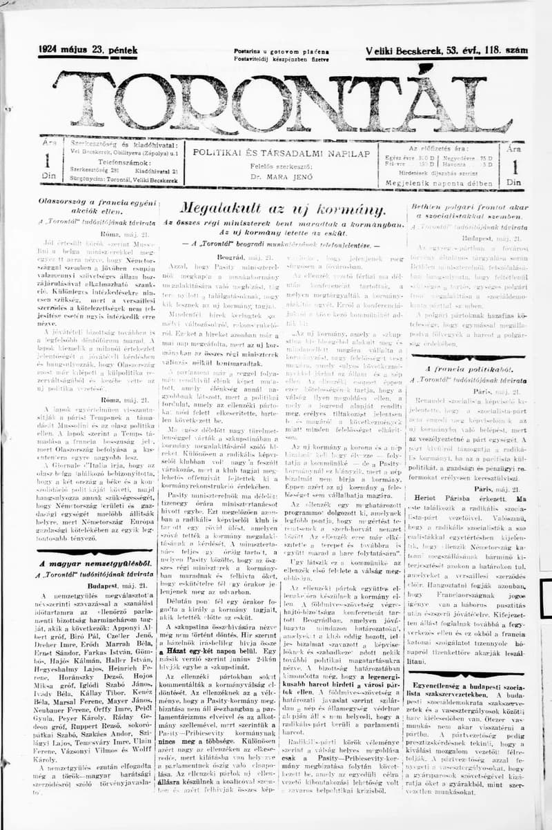 Torontál, 53. évf. 1924. május 23. 118. sz.