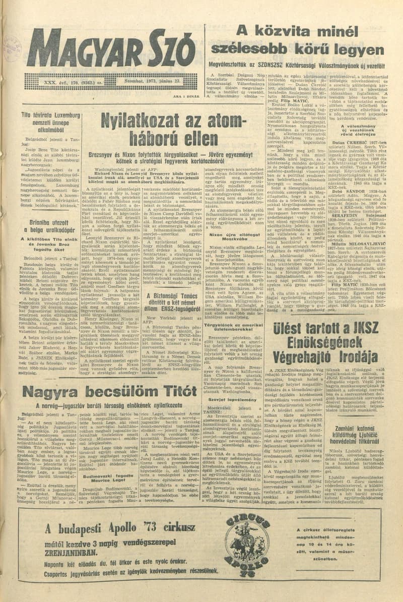 Magyar Szó, 30. évf. 1973. június 23. 170. sz. 1–20. oldal