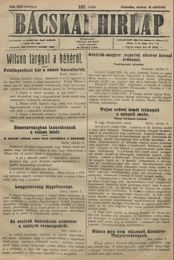 Bácskai Hirlap, 22. évf. 1918. október 10. 227. sz.