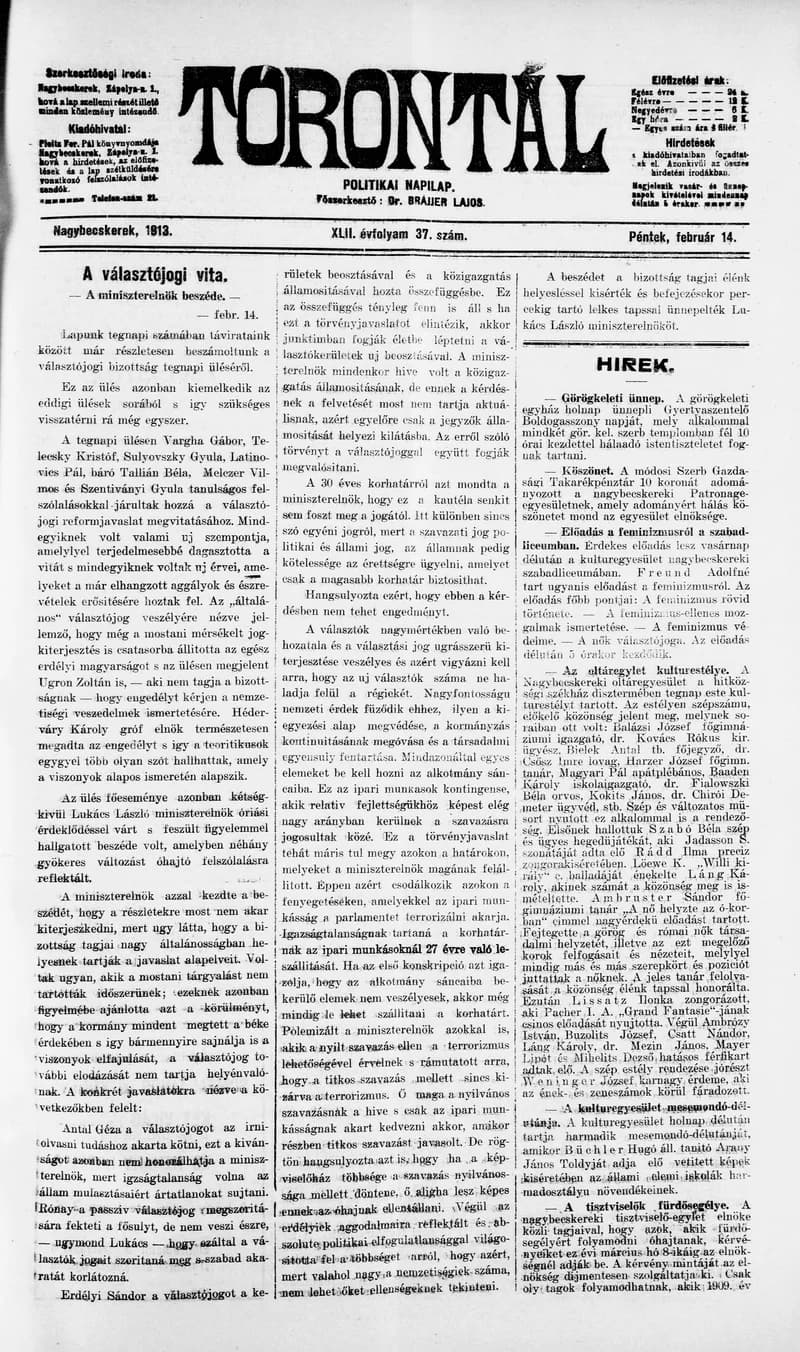 Torontál, 42. évf. 1913. február 14. 37. sz.