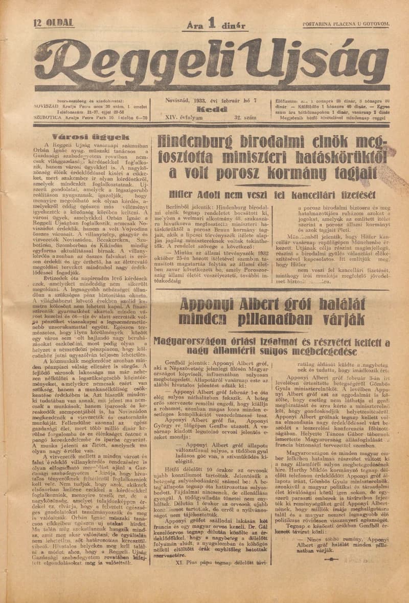 Reggeli Újság, 14. évf. 1933. február 7. 32. sz.