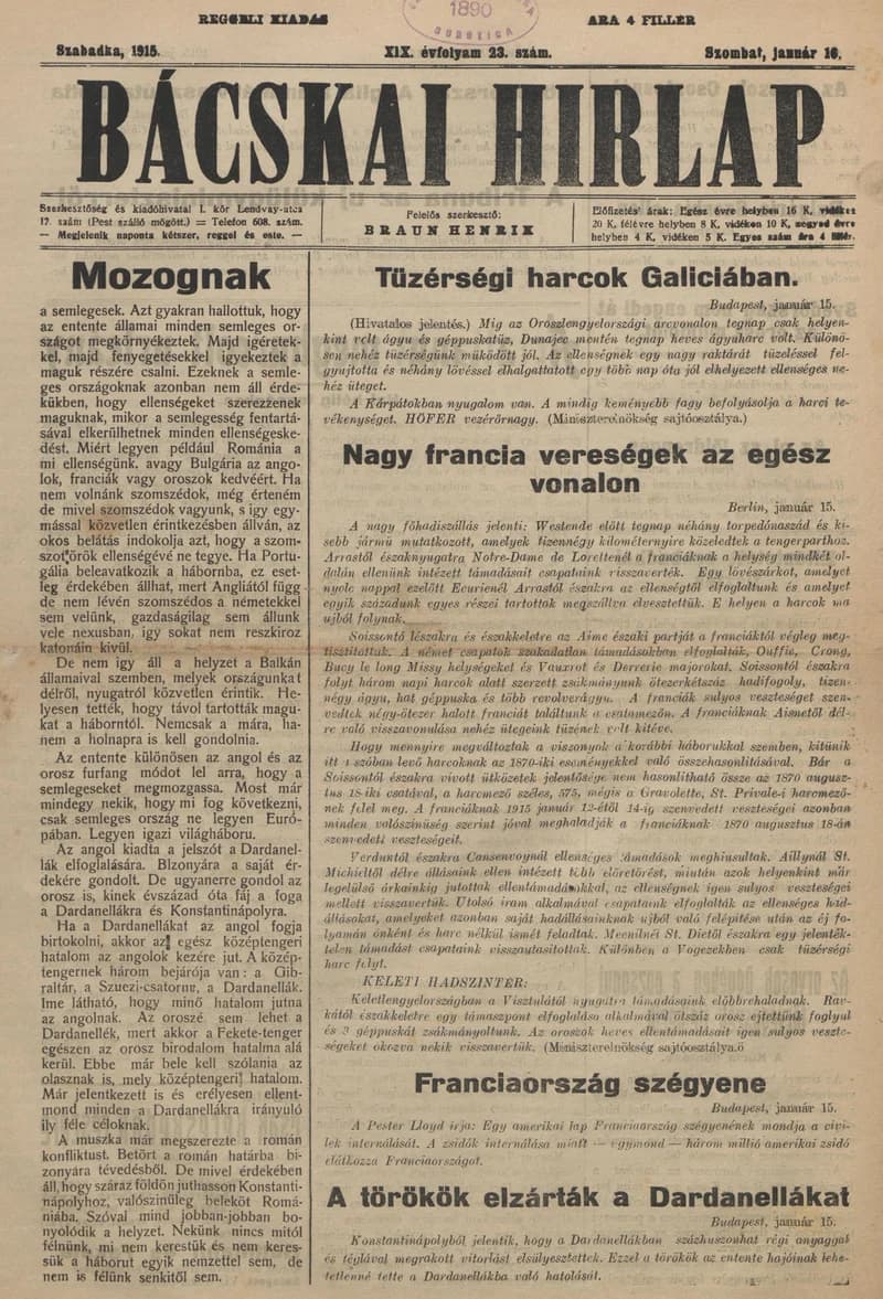 Bácskai Hirlap, 19. évf. 1915. január 16. 23. sz.