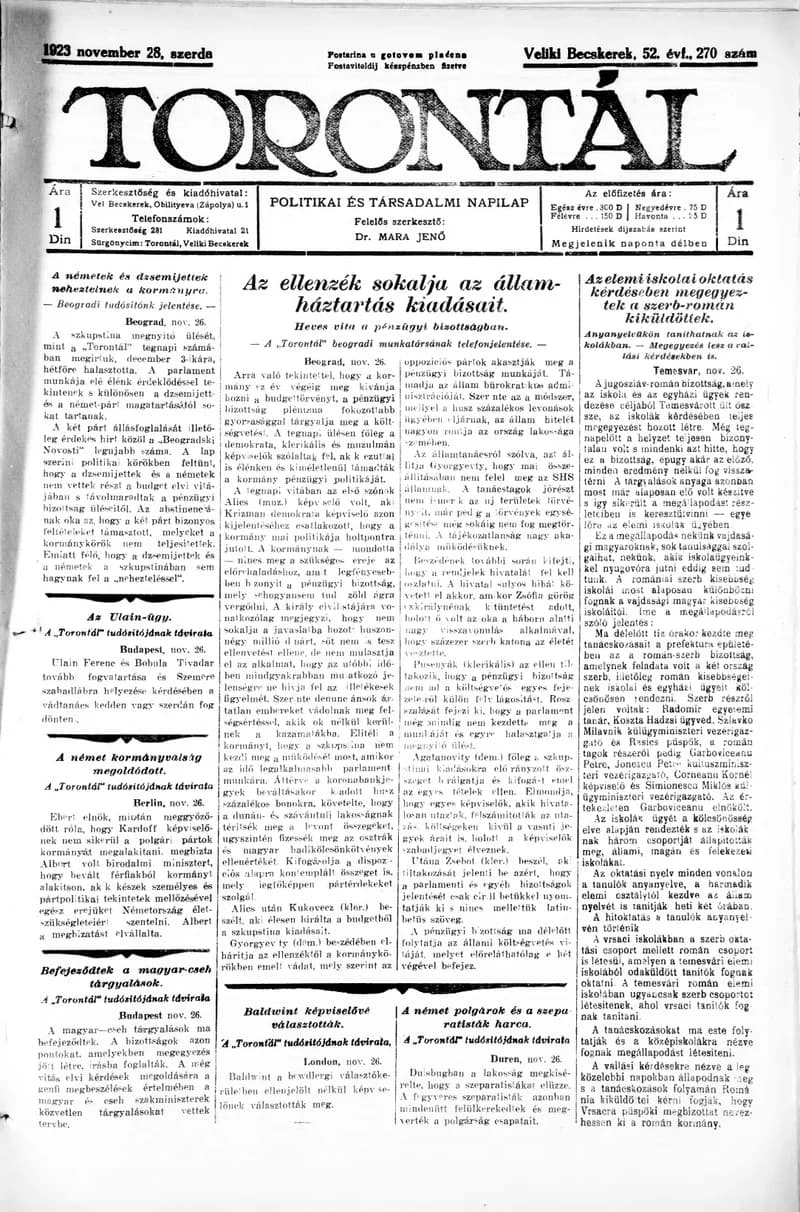 Torontál, 52. évf. 1923. november 28. 270. sz.