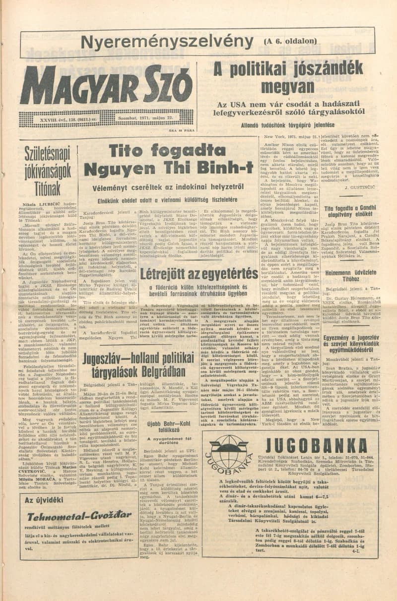Magyar Szó, 28. évf. 1971. május 22. 138. sz. 1–20. oldal