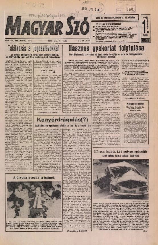 Magyar Szó, 43. évf. 1986. július 1. 178. sz. 1–20. oldal